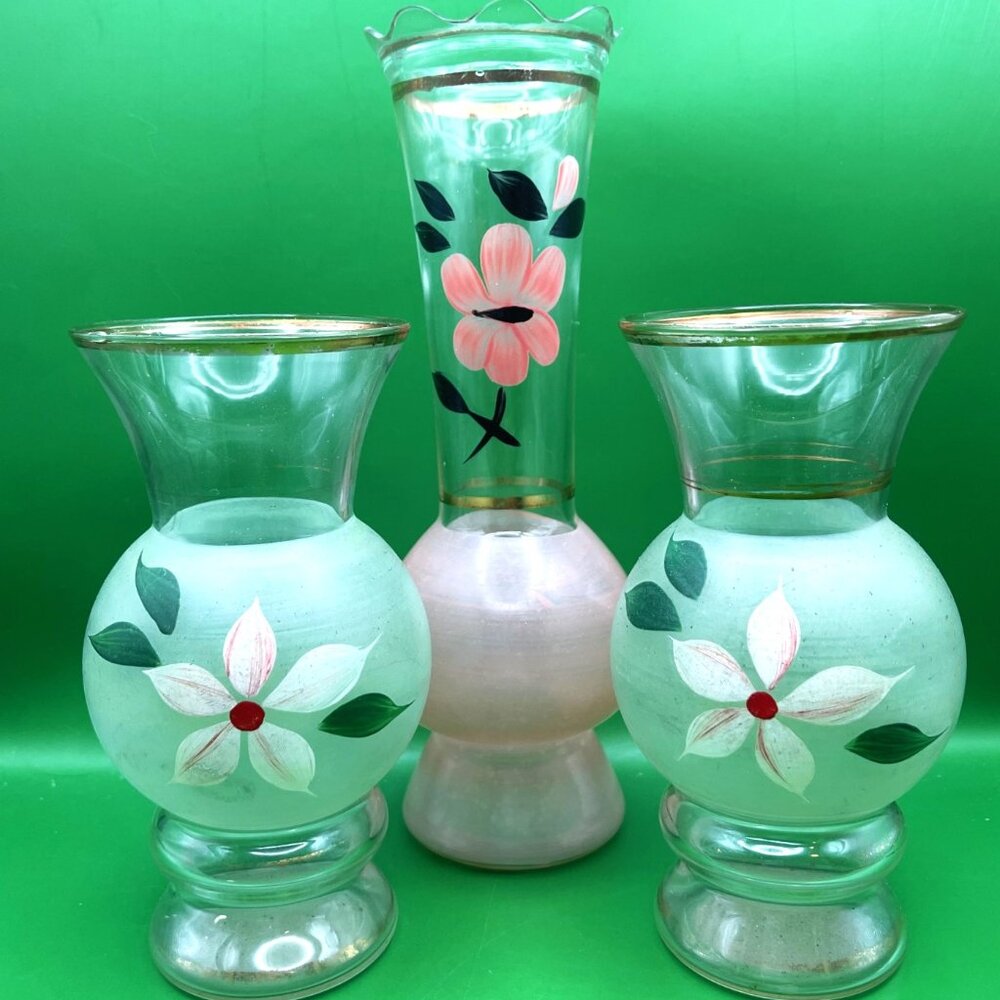 VTG Bartlett-Collins Glass Vase Set of 3 Frosted Hand Painted Floral MCM Boho